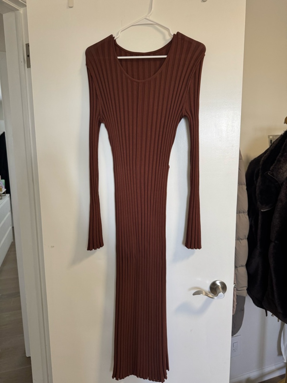 Showpo Ribbed Long Sleeve Maxi Dress in Chocolate Brown